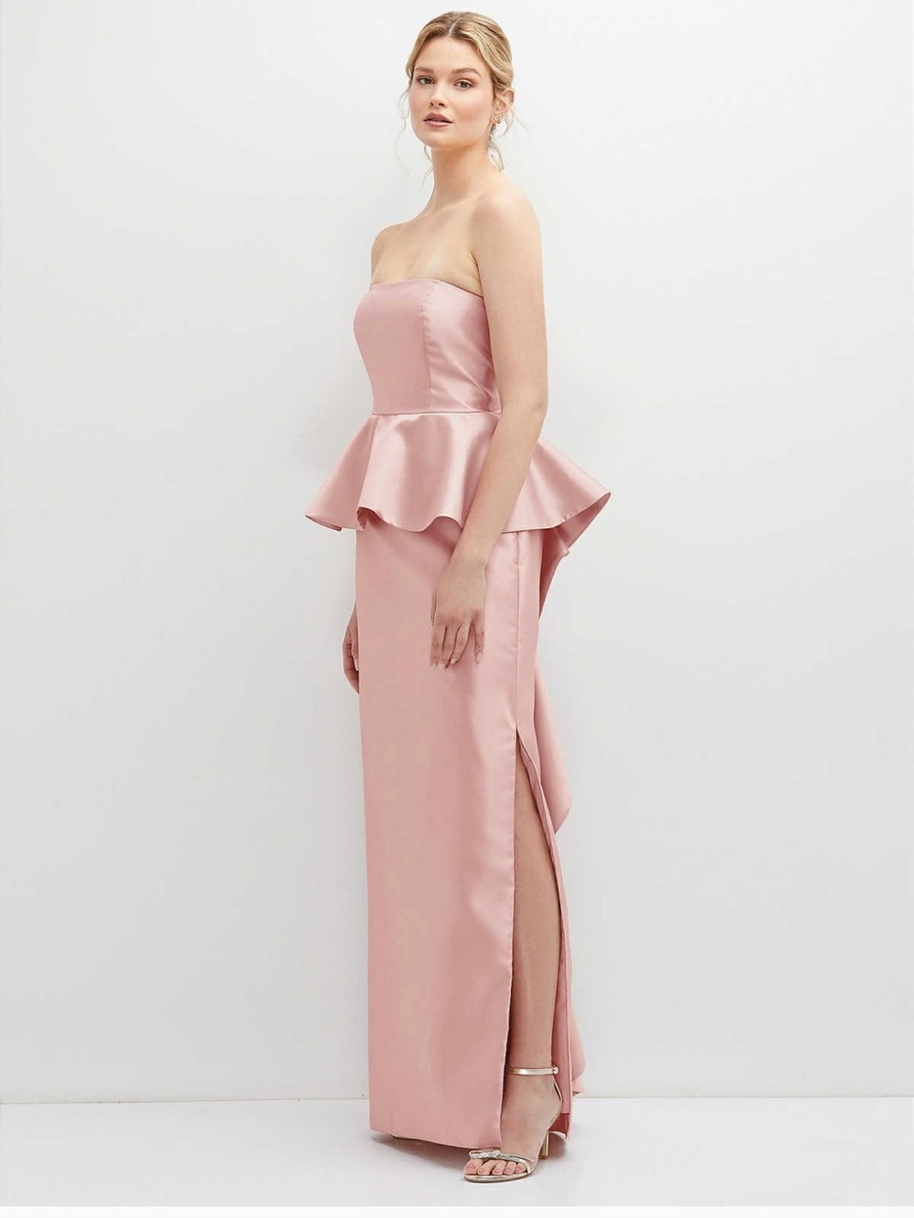 Dessy Strapless Peplum Satin Gown in Rose Pink- NWT